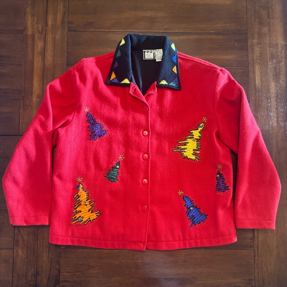 VINTAGE Ugly Christmas Tree Button Front Jacket TAKE TWO Red Wool Women's Sz M